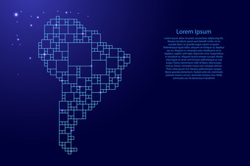 Fototapeta premium South America map from blue pattern from a grid of squares of different sizes and glowing space stars. Vector illustration.