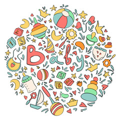 Baby and newborn doodle round illustration. Childhood, parenting, newborn accessories hand drawn set.