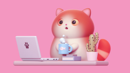 Surprised little kawaii red cat with open mouth, big orange eyes working from home with laptop. Cartoon funny fat cat with white belly, striped tail holding warm cup of tea. 3d render on pink backdrop