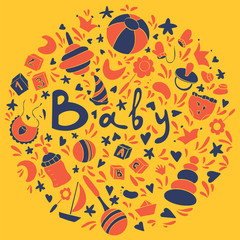 Baby themed round illustration. Nursery funny objects and elements poster design.