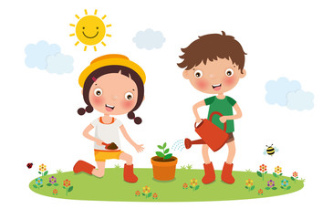 Obraz na płótnie Canvas Kids Planting Tree, vector, illustration
