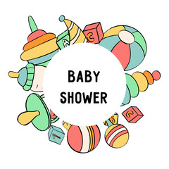 Baby shower card template with text space. Round frame with baby items in cartoon style.