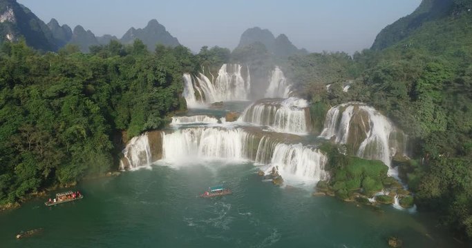 Beautiful waterfall. Ban Gioc waterfall or Detian waterfall is landmarks name of two waterfalls in border Cao Bang, Vietnam and Daxin County, China. Stock video footage Amazing landscape for travel