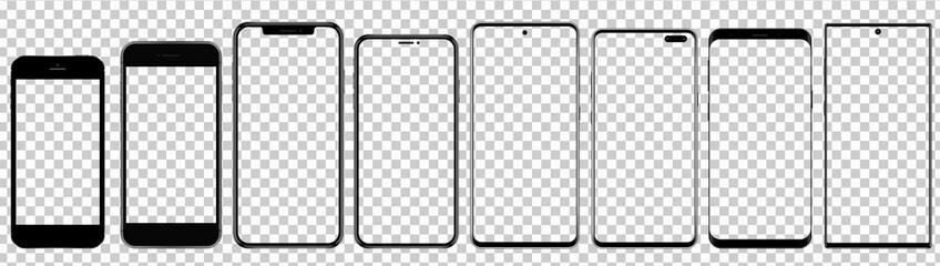Smartphone mockup collection of new flagship phones from several brands. Vector mobile phones with transparent screens.