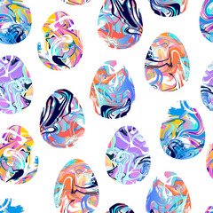 Seamless pattern marble eggs texture. Liquid texture happy easter symbol. Painted pink, lilac, blue gradient egg isolated on white background. Vector stock illustration, clouds, dots, waves, spots