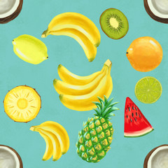 Hand drawn seamless pattern with bananas, coconuts, pineapples papaya and watermelon