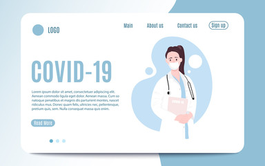 Woman female doctor landing page hero. Anti virus concept, corona virus, NCoV 19. Flat nurse wearing a mask fighting illustration design for a landing page.Covid-19 Vector illustration