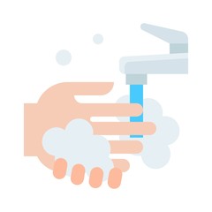 wash hand or hygiene related hand with soap bubbles and water faucet with pouring water vector in flat style,