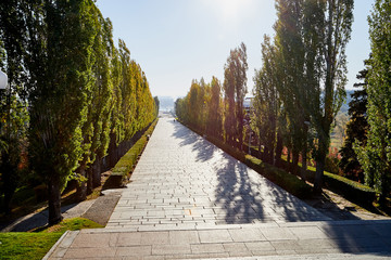 Grey tile walkway or Pathway in a well-kept South Park with green and yellow trees at a summer or autumn day