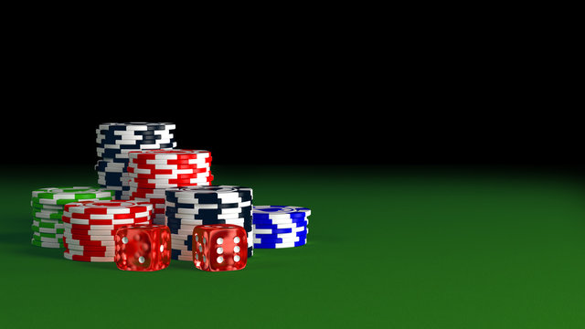 Casino poker chips and dices on green table. 3D render
