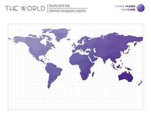 Vector map of the world. Cylindrical stereographic projection of the world. Purple Shades colored polygons. Amazing vector illustration.