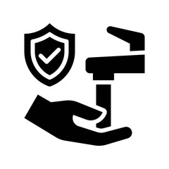 wash hand or hygiene related hand with protection shield and water faucet with pouring water vector in solid design,