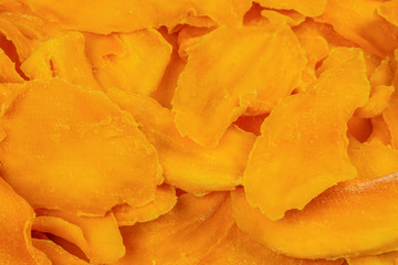 Tasty sugar mango slices background. Top view.