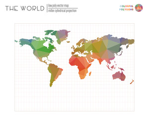 Low poly world map. Miller cylindrical projection of the world. Colorful colored polygons. Beautiful vector illustration.