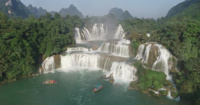 Beautiful waterfall. Ban Gioc waterfall or Detian waterfall is landmarks name of two waterfalls in border Cao Bang, Vietnam and Daxin County, China. Stock video footage Amazing landscape for travel