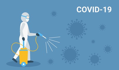 coronavirus covid-19 outbreak with spray man wearing prevention costume and spray on viruses with spray gun vectors illustration in flat design,
