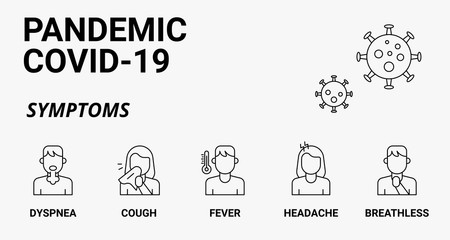 pandemic coronavirus covid-19 symptoms explain with lineal characters like headache, fever, cough, breathless with white background and lineal style viruses vector illustration,
