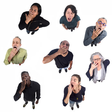 Group Of People Yawning On White Background