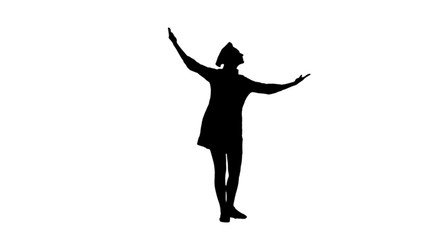 Fototapeta na wymiar Black silhouette of cook girl raising hands and head up.