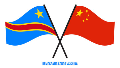Democratic Congo and China Flags Crossed & Waving Flat Style. Official Proportion. Correct Colors