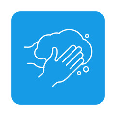 Higiene de manos. Icono plano lineal lavarse las manos en cuadrado color azul 