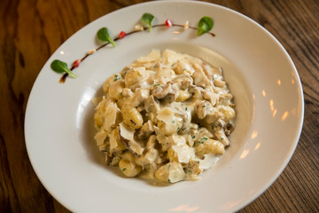 Gnocchi with turkey meat and porcini mushrooms in a cream sauce