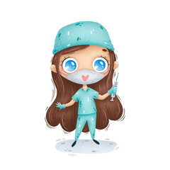 Cute cartoon doctor girl in green uniform with a medical mask and syringe on a white background