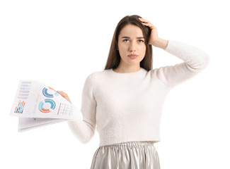 Beautiful young woman with documents on white background