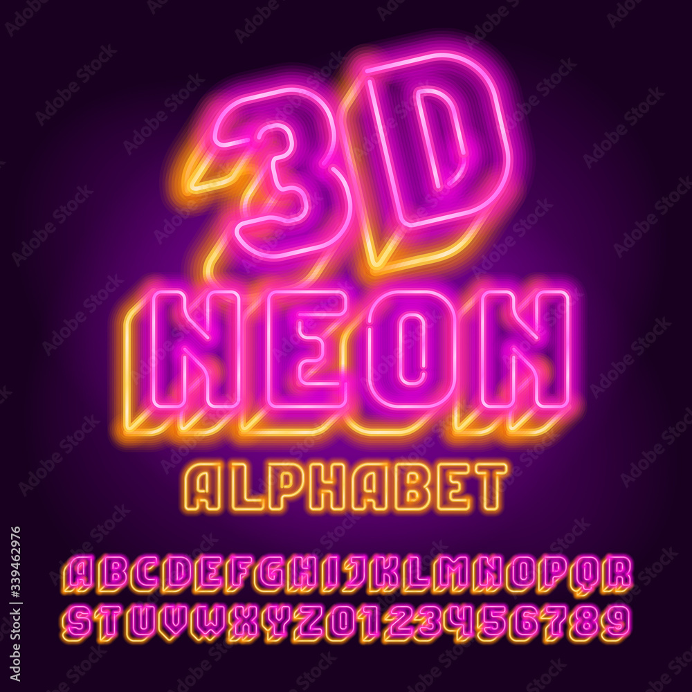 Fototapete 3d neon alphabet font. glowing neon light letters and numbers. stock vector typescript for your desi