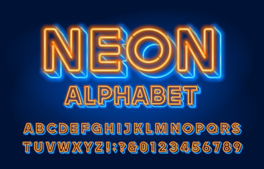 Neon alphabet font. 3D effect neon light letters and numbers. Stock vector typescript for your design.
