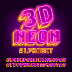 3D Neon alphabet font. Glowing neon light letters and numbers. Stock vector typescript for your design.