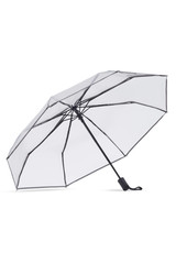 Subject shot of a gray transparent umbrella with black border, black ribs and a loop on the handle. The automatic umbrella is isolated on the white backdrop. 