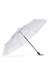 Subject shot of a smoky transparent umbrella with white border, black ribs and a loop on the handle. The automatic umbrella is isolated on the white backdrop.