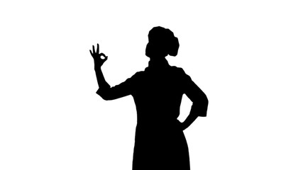 Portrait of black silhouette of cook girl in toque, apron is standing and showing ok sign isolated on white background