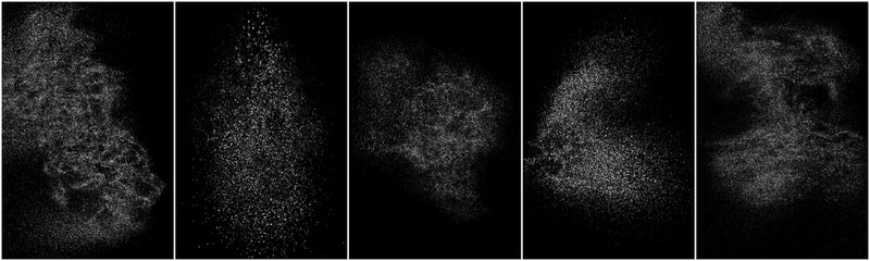 Set of distressed white grainy texture. Dust overlay textured. Grain noise particles. Snow effects pack. Rusted black background. Vector illustration, EPS 10.   