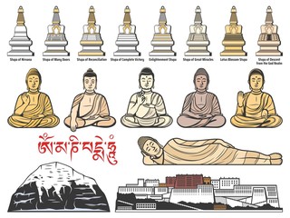 Tibet Buddhism religion, Tibetan Buddhist stupa shrines, Buddha meditatin postures. Potala Palace in Tibet and Mount Kailash. Tibet religious landmarks, symbols and famous architecture vector icons © Vector Tradition