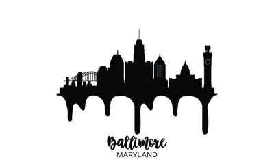 Baltimore Maryland USA black skyline silhouette vector illustration on white background with dripping ink effect.