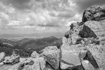 Beautiful mountain scenery in the Low Tatras from the peak of Chopok, Resort Jasna, Slovakia. Black and white mountain photos 