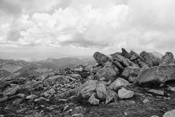 Beautiful mountain scenery in the Low Tatras from the peak of Chopok, Resort Jasna, Slovakia. Black and white mountain photos 