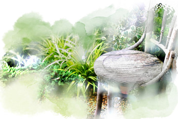Wooden chair in the garden in water color photography effect, Stay home Stay save for background and garden ideas concept.
