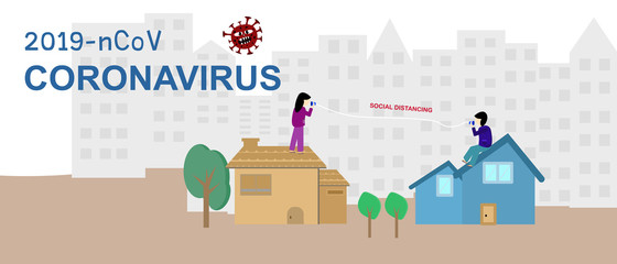 vector illustration of a city and coronavirus.social distancing,The effects of the coronavirus.must maintain a distance of 2 meters.Girls and boys Contact via paper phone on the roof of the house.