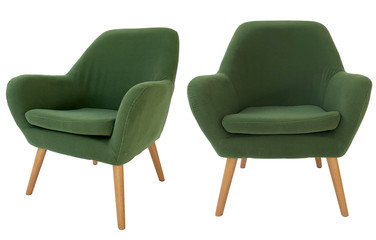 
green fabric armchair with wood legs

