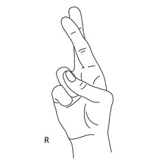 The drawing of a human hand. R is the eighteenth letter of the alphabet in sign language. The Letter R. Black and white drawing of a hand. Deaf and dumb language. Vector illustration