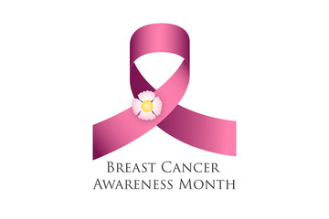 Breast Cancer Awareness Ribbon for poster to support campaign, satin or silk bow to help in female illness, fight, charity. Vector graphic element, icon, logo, banner template. Symbol of october day