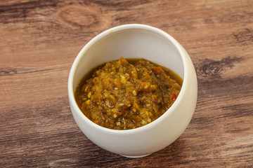 Green spicy sauce in the bowl