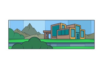 Mountain landscape. Modern country house, panoramic windows. Lawn bushes.
