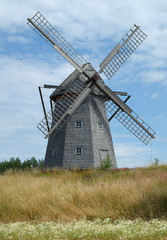 Fototapeta na wymiar Traditioinal Swedish windmill on summer meadow, blue cloudy sky. 