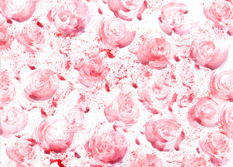 Background of roses painted by watercolor. Watercolor splatter.