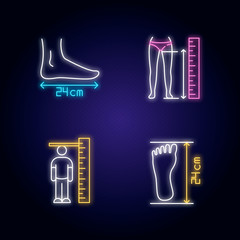 Body measurement neon light icons set. Inside leg, foot length and human height determination. Bespoke tailoring and shoemaking signs with outer glowing effect. Vector isolated RGB color illustrations