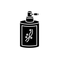 Liquid silicon in bottle black glyph icon. Conditioner in jar container with sprayer. Chemical cosmetic product for hair treatment. Silhouette symbol on white space. Vector isolated illustration